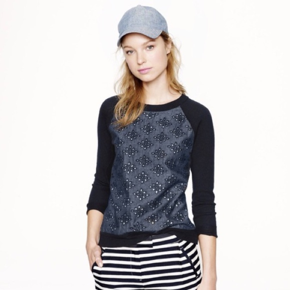 J Crew Merino & Chambray Eyelet Sweater W’s S